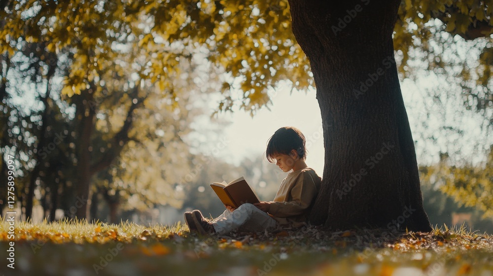 Video generation for a child reading a book under a tree in a park. Featuring imagination and learning