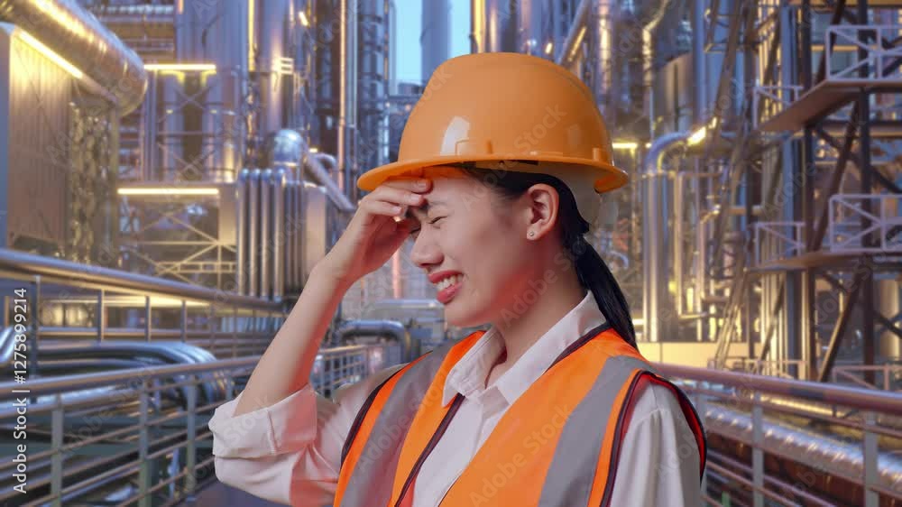 Close Up Side View Of Asian Female Engineer With Safety Helmet Having A Headache While Working At A Vast Oil Refinery Close Up Side View Of Asian Female Engineer With Safety Helmet Having A Headache While Working At A Vast Oil Refinery