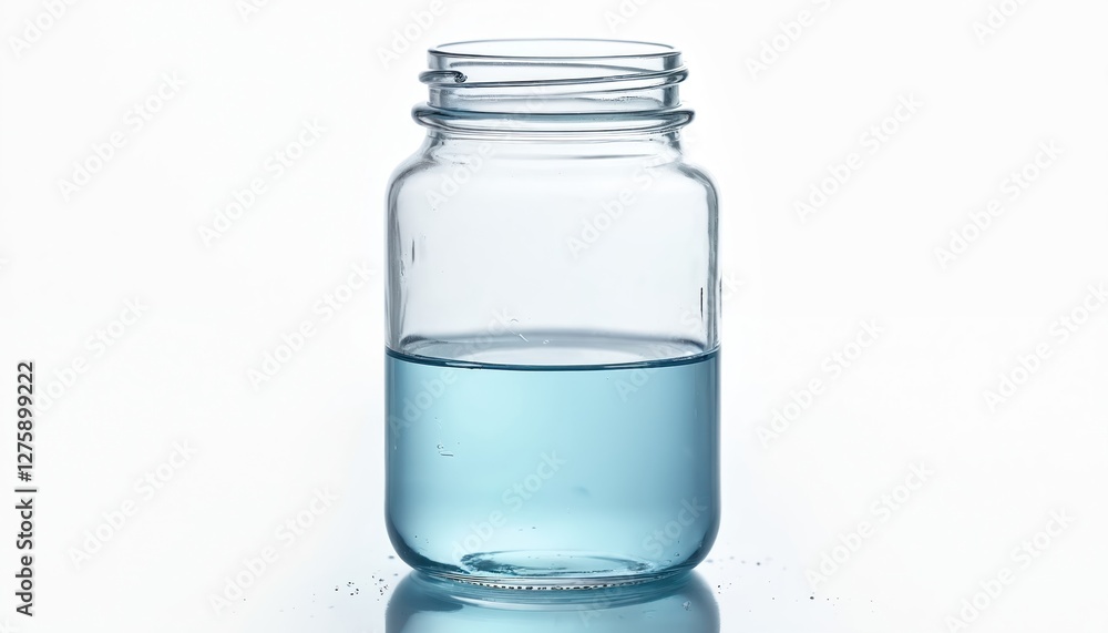 Glass jar holds clear blue liquid on transparent backdrop. Ideal for preservation, homemade storage, canning, rustic decor, beverage presentation, craft projects. Glass jar holds clear blue liquid on transparent backdrop. Ideal for preservation, homemade storage, canning, rustic decor, beverage presentation, craft projects.