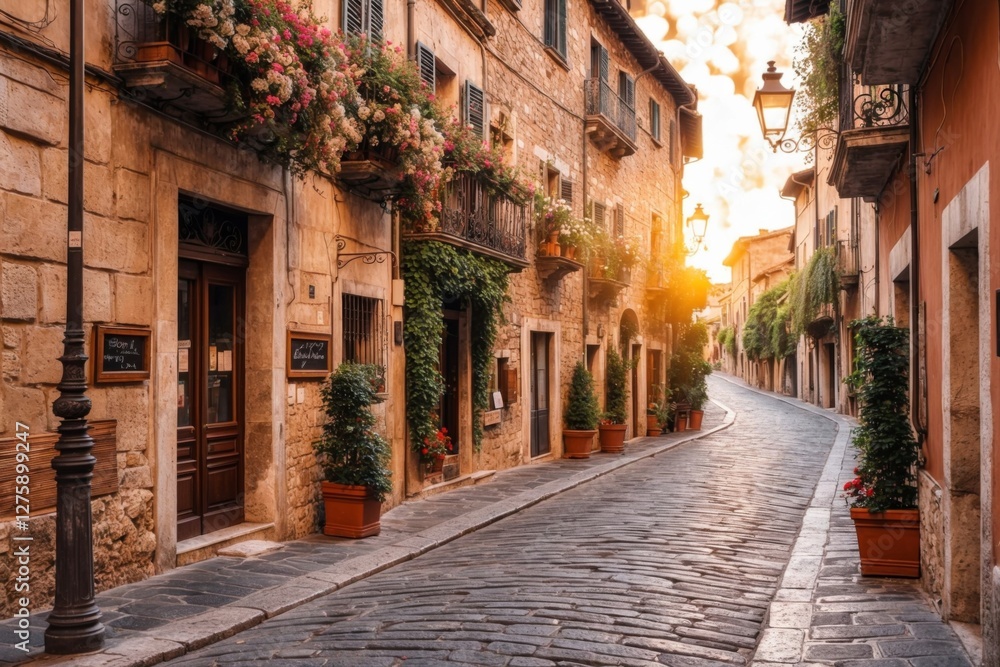 Fototapeta premium Beautiful old european town street with flowers, stone buildings and cobblestone road at sunset.