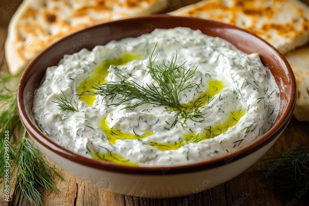 A bowl of creamy tzatziki dip with dill and olive oil, alongside warm flatbread, offering a delicious and healthy Mediterranean appetizer option. A bowl of creamy tzatziki dip with dill and olive oil, alongside warm flatbread, offering a delicious and healthy Mediterranean appetizer option.