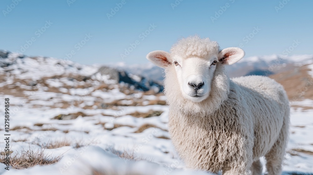 Fototapeta premium Sheep in snowy mountain landscape; close-up portrait; peaceful rural scene; stock photo