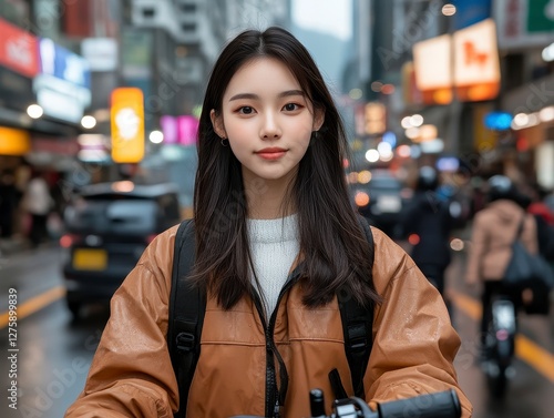 Captivating portrait of a stylish young Asian woman amidst the vibrant cityscape, exuding confidence and modern charm while navigating the bustling streets with her backpack and e-scooter Showcasing