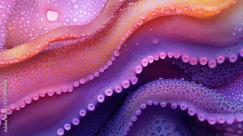 Close-up of vibrant purple and orange octopus skin, textured and detailed. Perfect for backgrounds, designs, and projects needing organic textures and unique visuals.