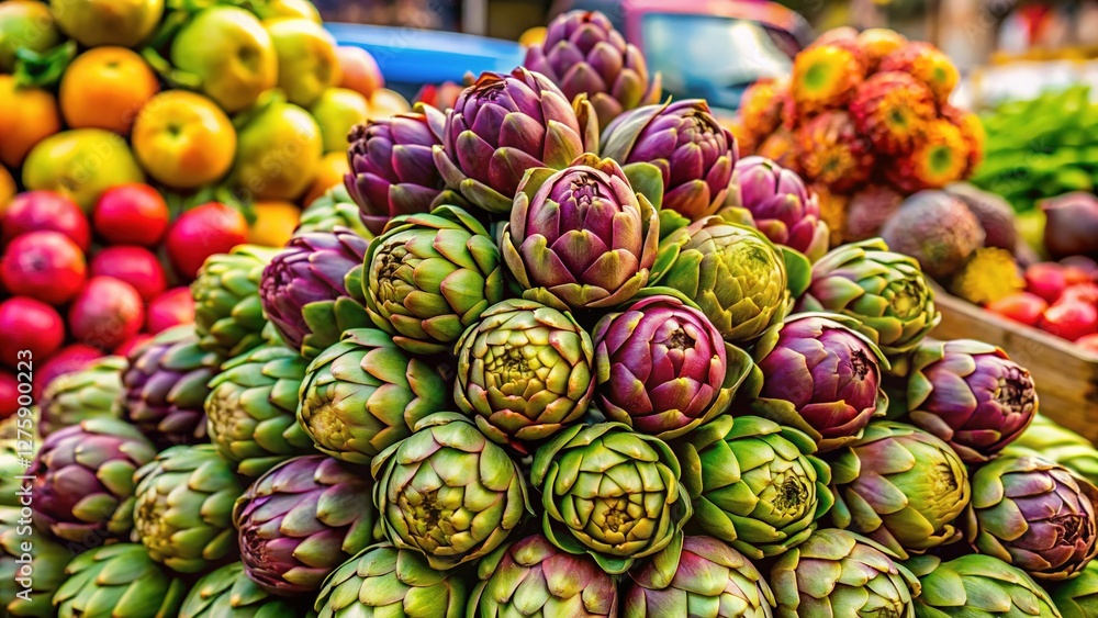 Fototapeta premium Stunning Stack of Artichokes on Market Stall