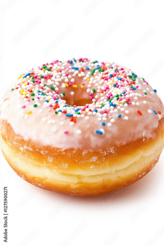 A donut with sprinkles on top. The sprinkles are in different colors and are scattered all over the donut A donut with sprinkles on top. The sprinkles are in different colors and are scattered all over the donut