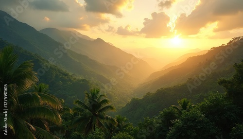 Breathtaking landscape featuring mountains in Jamaica. Golden sun illuminates rich green forest and fog in valley. Scenic view of hillside at sunset. Holiday destination.