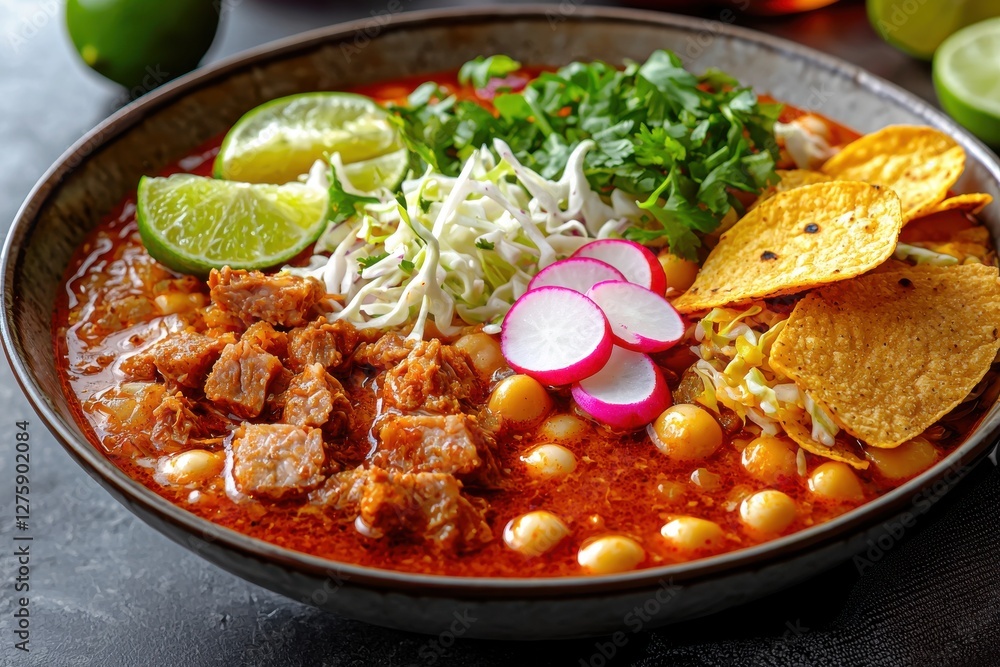 A hearty bowl of delicious and flavorful Mexican pozole soup, garnished with fresh toppings, lime wedges, radishes, and crispy tortilla chips, perfect for a cozy meal. A hearty bowl of delicious and flavorful Mexican pozole soup, garnished with fresh toppings, lime wedges, radishes, and crispy tortilla chips, perfect for a cozy meal.