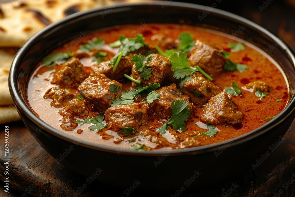 A close-up shot of a delectable beef curry dish in a black bowl, garnished with fresh cilantro, served alongside warm naan bread on a wooden table, ready to eat. A close-up shot of a delectable beef curry dish in a black bowl, garnished with fresh cilantro, served alongside warm naan bread on a wooden table, ready to eat.