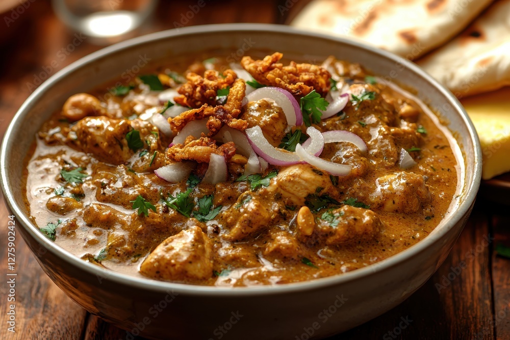 A hearty bowl of Chicken Korma, a creamy and aromatic Indian curry, garnished with fresh cilantro, sliced onion and fried onion on a rustic wood surface. A hearty bowl of Chicken Korma, a creamy and aromatic Indian curry, garnished with fresh cilantro, sliced onion and fried onion on a rustic wood surface.