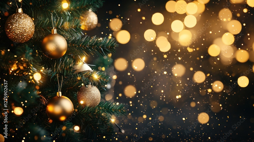 Festive Christmas tree with gold ornaments and warm bokeh lights on dark background. Festive Christmas tree with gold ornaments and warm bokeh lights on dark background.