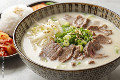 A bowl of Korean Seolleongtang, ox bone soup, with sliced beef, bean sprouts, and scallions, accompanied by rice and kimchi, on a white marble table. photo