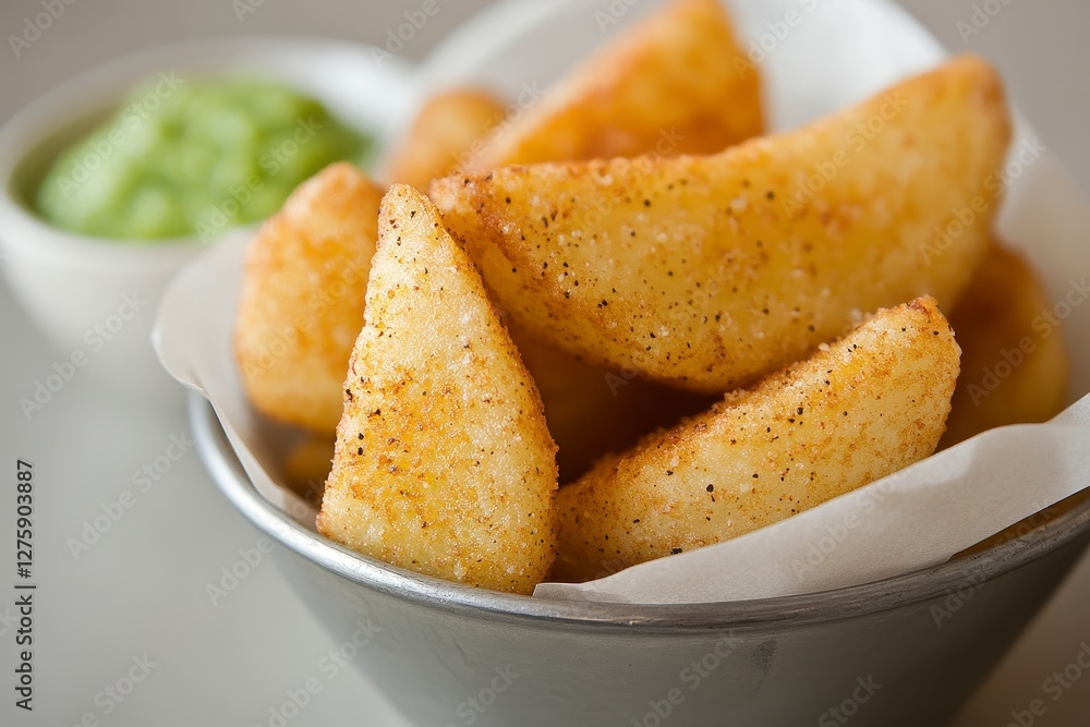 Golden potato wedges, a symphony of crispy textures and subtle spices, dance enticingly within a sleek metal bowl, nestled upon a pristine white parchment that whispers tales of culinary artistry A Golden potato wedges, a symphony of crispy textures and subtle spices, dance enticingly within a sleek metal bowl, nestled upon a pristine white parchment that whispers tales of culinary artistry A