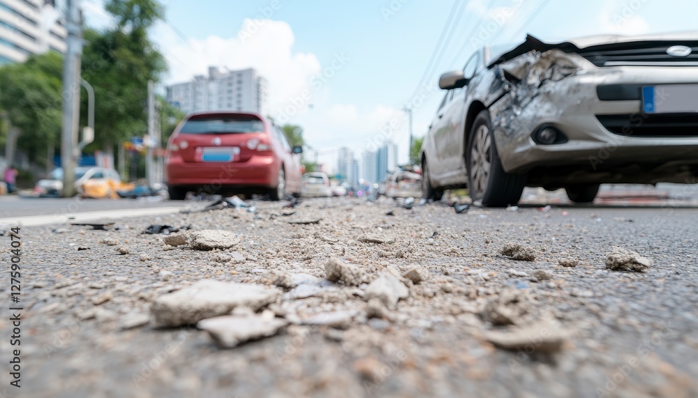 Impact and Aftermath Exploring the Scene of a Vehicle Accident on a City Street, Highlighting Damage, Debris, and the Ripple Effects of Collisions Witness the Immediate Consequences, Road Safety Impact and Aftermath Exploring the Scene of a Vehicle Accident on a City Street, Highlighting Damage, Debris, and the Ripple Effects of Collisions Witness the Immediate Consequences, Road Safety