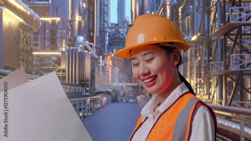 Close Up Side View Of Asian Female Engineer With Safety Helmet Looking At Blueprint In Her Hands While Standing At A Vast Oil Refinery photo