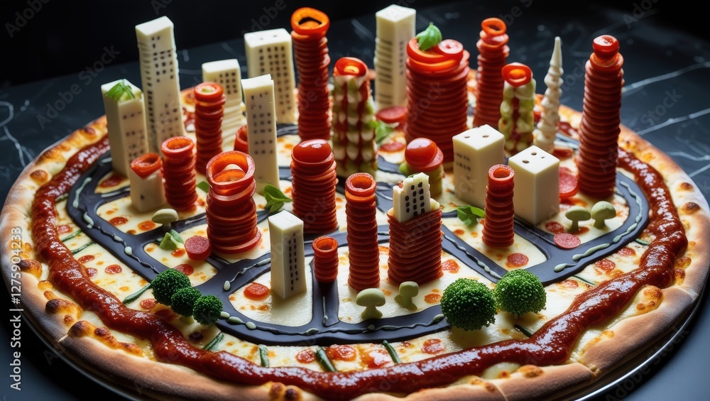 Fototapeta premium Pizza Metropolis: A Giant Slice Transformed into an Edible City Skyline