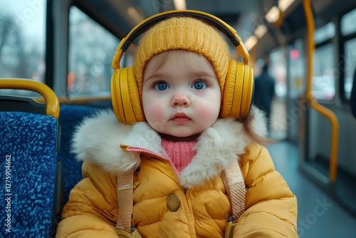 In a captivating bus ride, a child, adorned with enormous yellow headphones and a matching knitted cap, sits serenely beside a caregiver, their attention fixated on the world passing by The child's photo