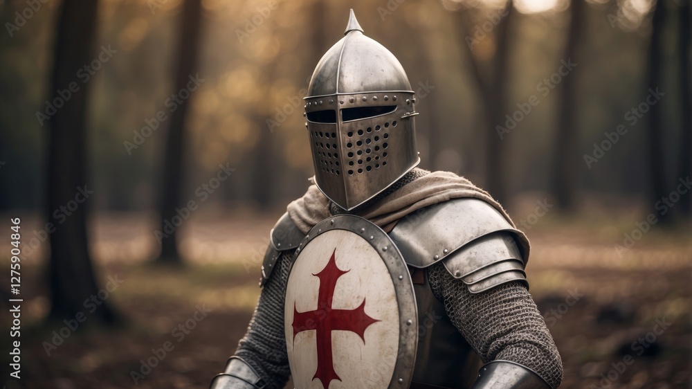A brave knight stands guard in full medieval armor amidst an ancient forest, ready for battle. A brave knight stands guard in full medieval armor amidst an ancient forest, ready for battle.