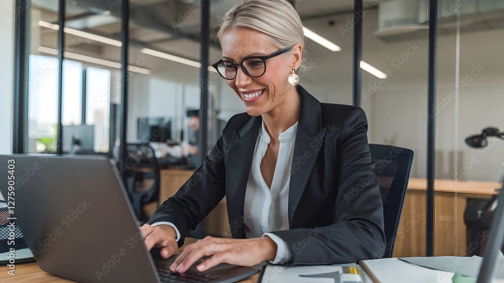 Smiling Businesswoman Working on Laptop in Modern Office Professional Businesswoman Happy Successful Entrepreneur Female Executive Using Computer Technology Digital Workplace Corporate Business Smiling Businesswoman Working on Laptop in Modern Office Professional Businesswoman Happy Successful Entrepreneur Female Executive Using Computer Technology Digital Workplace Corporate Business
