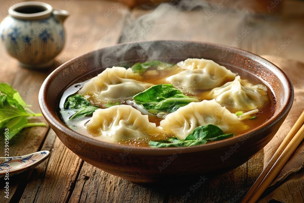 A steaming bowl of traditional Chinese dumplings in broth, garnished with greens, presented on a rustic wooden table with a ceramic pot and chopsticks. A steaming bowl of traditional Chinese dumplings in broth, garnished with greens, presented on a rustic wooden table with a ceramic pot and chopsticks.