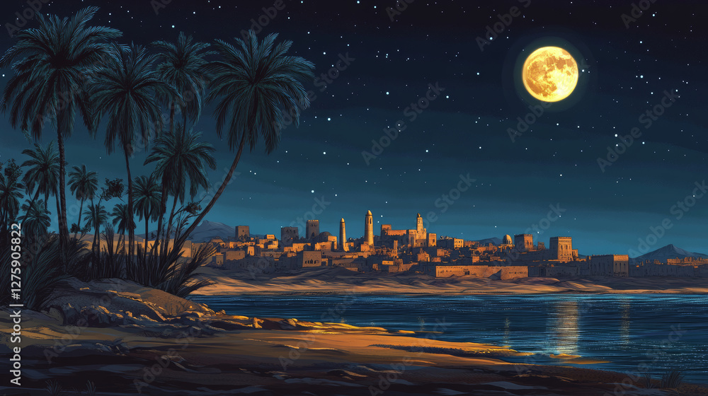 Fototapeta premium Cartoon Arabian desert landscape at night with sand dunes, palm trees on shore of lake, city or village on horizon under moonlight. Vector illustration of dark panorama scene with ancient city.