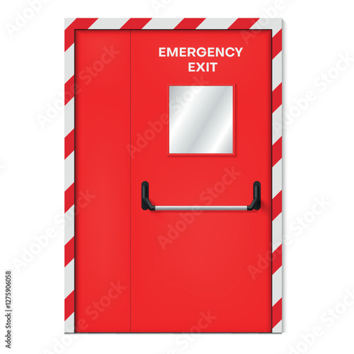 Bright red emergency exit door with warning stripes isolated on white background