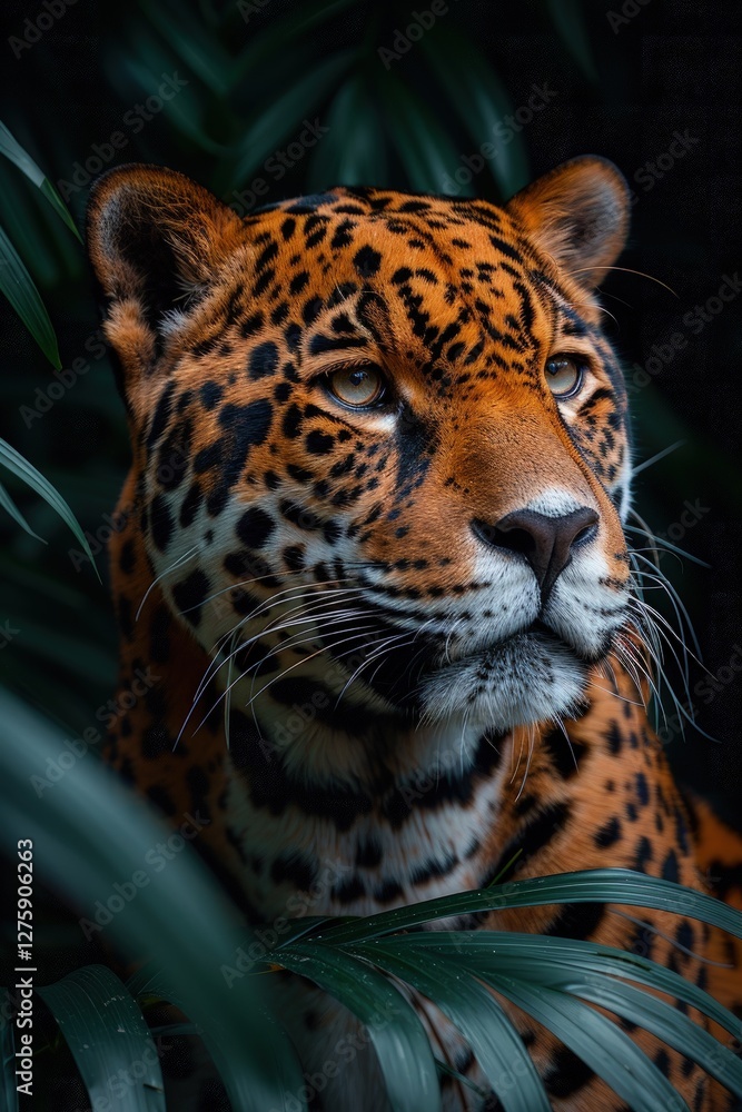 Fototapeta premium A jaguar moves elegantly through dense greenery, illuminated by soft cinematic light, highlighting its magnificent fur and keen gaze