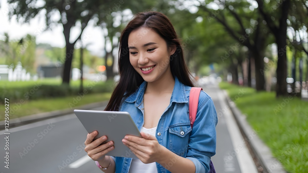 Smiling Young Asian Woman Using Tablet Outdoors Happy Student Girl on City Street Casual Denim Jacket Backpack Technology Digital Device Modern Lifestyle Summer Day Beautiful Nature Background park Smiling Young Asian Woman Using Tablet Outdoors Happy Student Girl on City Street Casual Denim Jacket Backpack Technology Digital Device Modern Lifestyle Summer Day Beautiful Nature Background park