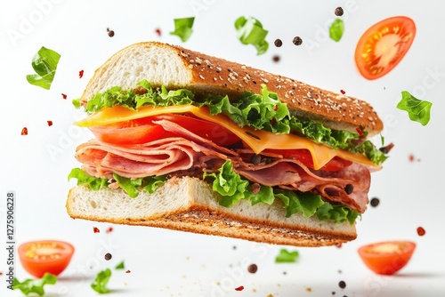 Hoagie sandwich suspended in mid-air with layers of fresh ingredients scattering around against a clean white background