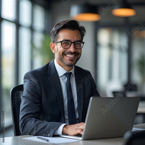 Trabajador de oficina hispano profesional en un entorno corporativo moderno
