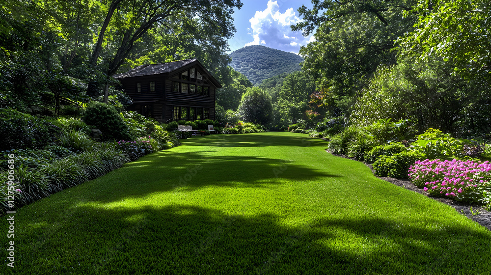 Naklejka premium Mountain view home garden landscape, lush lawn, summer
