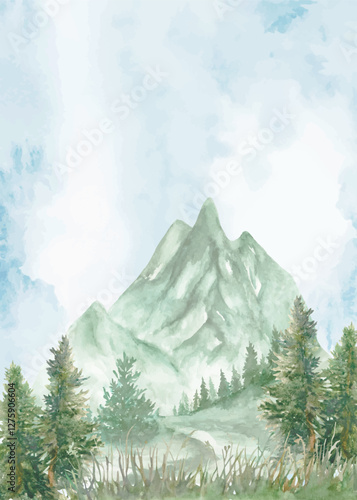 Watercolor background with mountains, pine trees, fir trees,   and grassy landscapes. Hand drawn illustration. vec tor EPS.