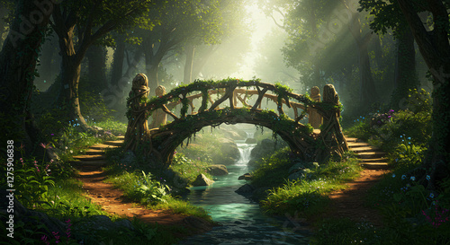 A mystical bridge nestled in a fantasy forest, surrounded by towering trees, lush greenery, and a magical, serene atmosphere that beckons adventure photo