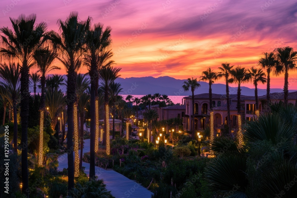 Obraz premium Palm trees line a walkway at sunset, illuminating a luxury resort. Perfect for travel, real estate, or resort promotional materials.