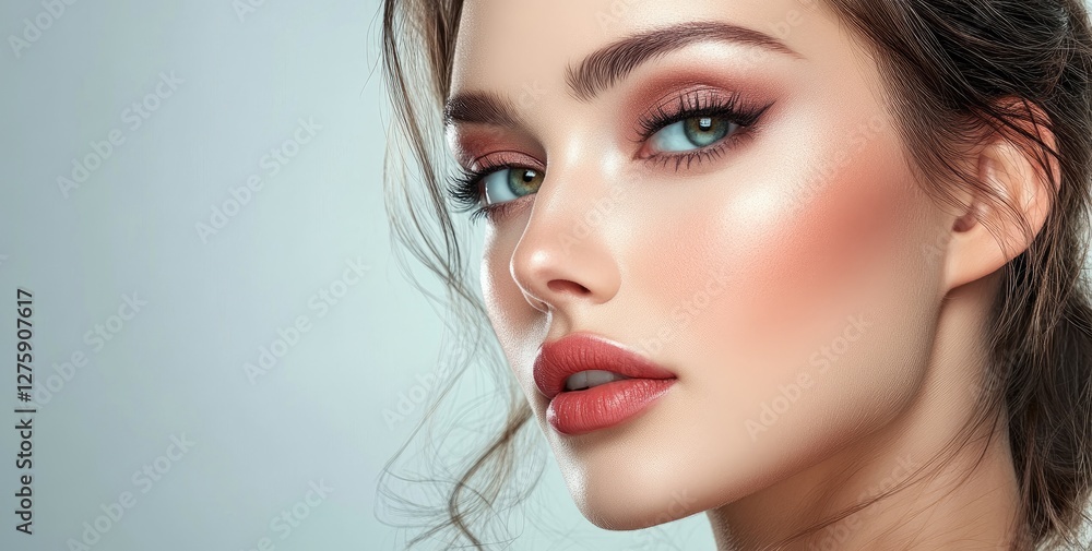 A beautiful woman with makeup and a smooth skin tone posing for the camera on a gray background A beautiful woman with makeup and a smooth skin tone posing for the camera on a gray background