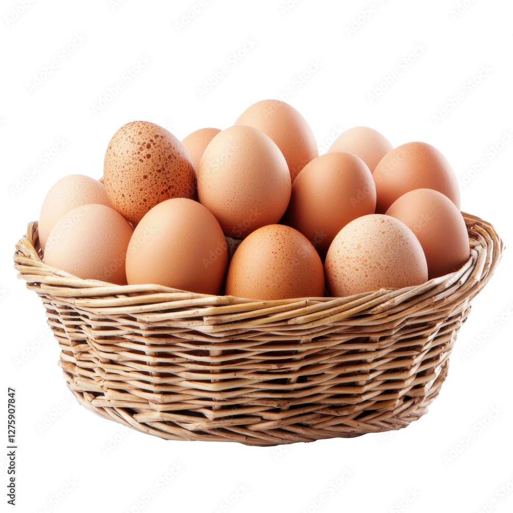 Fresh brown eggs in a woven basket on display (1) isolated on png transparent background, cut out Fresh brown eggs in a woven basket on display (1) isolated on png transparent background, cut out