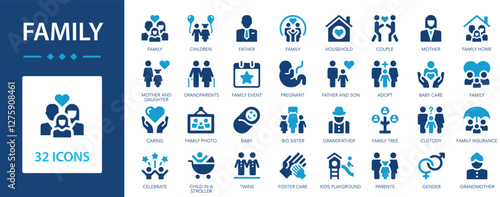 Family icon set. Mother, father, care, child, household, children, parents, baby.