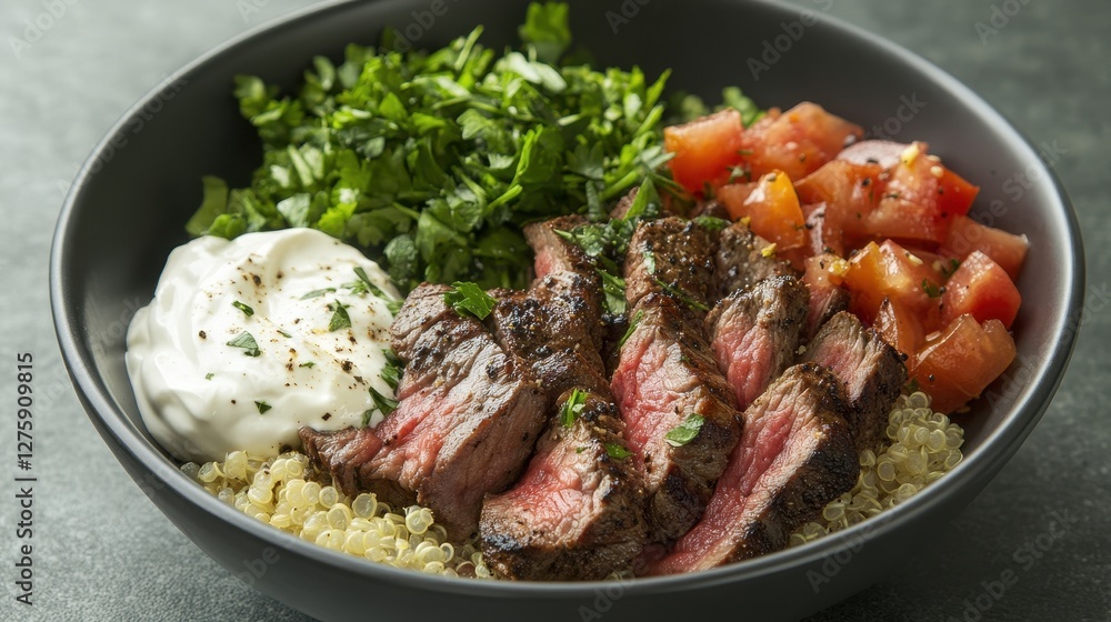 Grilled steak, quinoa, tomatoes, yogurt, and parsley in a bowl. Perfect for healthy eating blogs or restaurant menus showcasing flavorful meals. Grilled steak, quinoa, tomatoes, yogurt, and parsley in a bowl. Perfect for healthy eating blogs or restaurant menus showcasing flavorful meals.