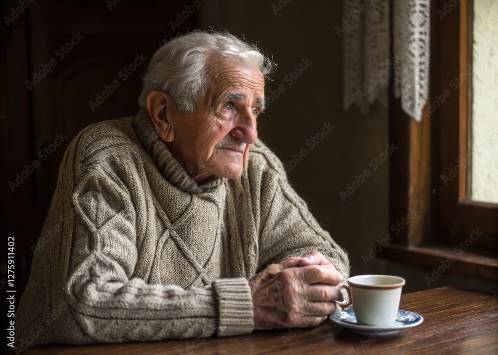 Reflective elderly man enjoying tea by the window cozy home portrait photography warm lighting wisdom and experience Reflective elderly man enjoying tea by the window cozy home portrait photography warm lighting wisdom and experience