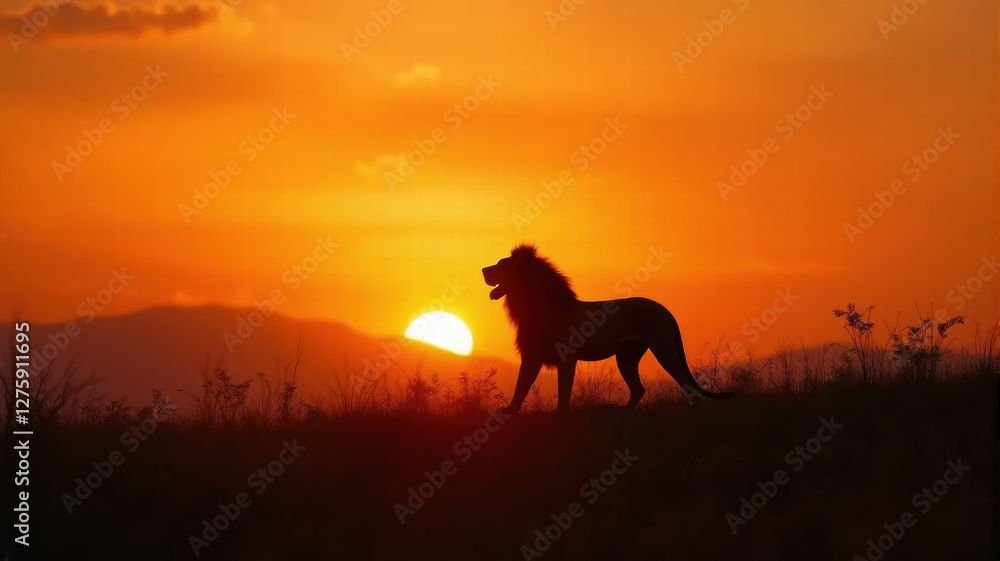 Majestic lion silhouette, standing in African savanna, golden sunset sky, orange hues, distant mountains, dramatic lighting, tall grass, wildlife scenery, serene landscape. Majestic lion silhouette, standing in African savanna, golden sunset sky, orange hues, distant mountains, dramatic lighting, tall grass, wildlife scenery, serene landscape.