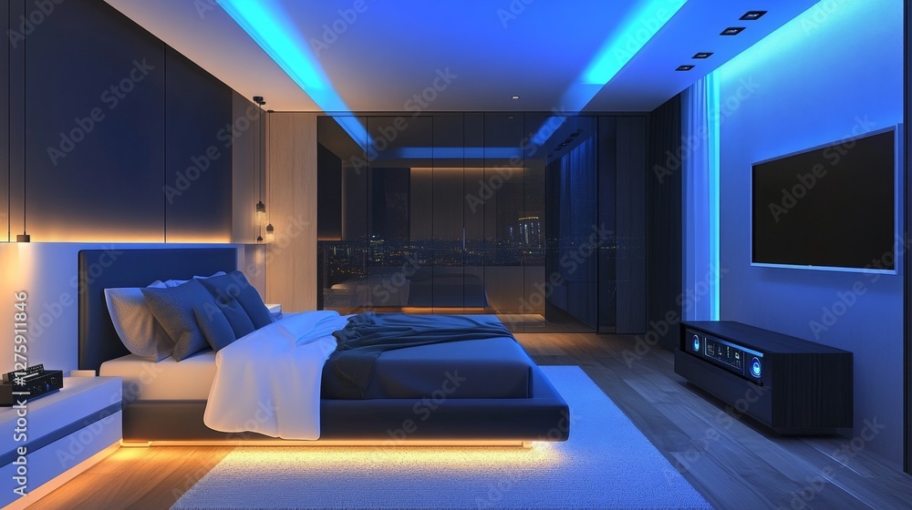 A modern high-tech bedroom with smart adjustable lighting, temperature controls, and an integrated sound system, offering convenience and luxury in a minimalist setting A modern high-tech bedroom with smart adjustable lighting, temperature controls, and an integrated sound system, offering convenience and luxury in a minimalist setting