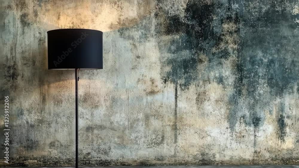 Modern black floor lamp illuminating a room with textured, moldy walls, highlighting interior decoration challenges and allergy concerns.