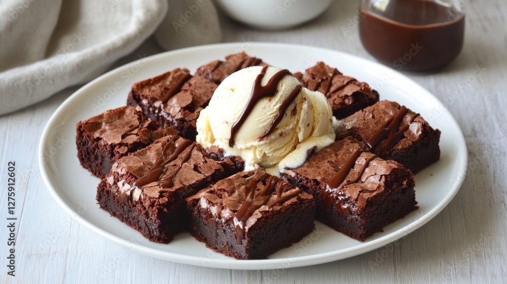 A plate of fudgy chocolate brownies, cut into squares, with a scoop of vanilla ice cream and chocolate sauce drizzled on top A plate of fudgy chocolate brownies, cut into squares, with a scoop of vanilla ice cream and chocolate sauce drizzled on top