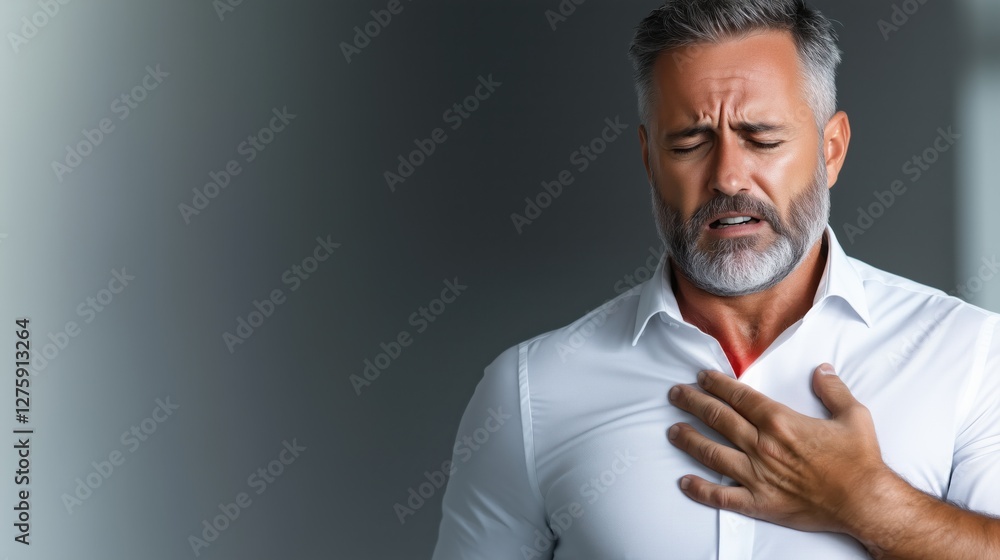 Middle-aged man experiencing chest pain in office Middle-aged man experiencing chest pain in office