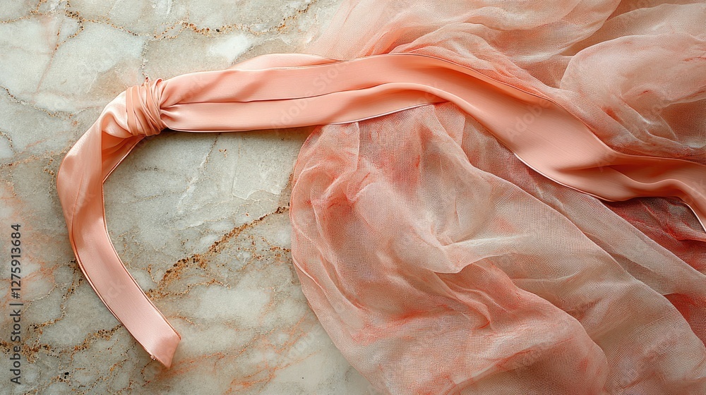 Obraz premium A thin satin belt tied around a soft chiffon dress laid out on a marble surface