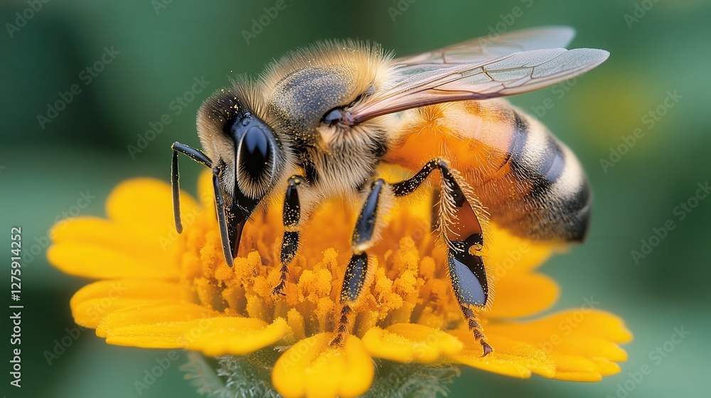 Close-up of bee collecting pollen from a vibrant yellow flower. Illustrates pollination, crucial for ecosystem health and biodiversity. Close-up of bee collecting pollen from a vibrant yellow flower. Illustrates pollination, crucial for ecosystem health and biodiversity.