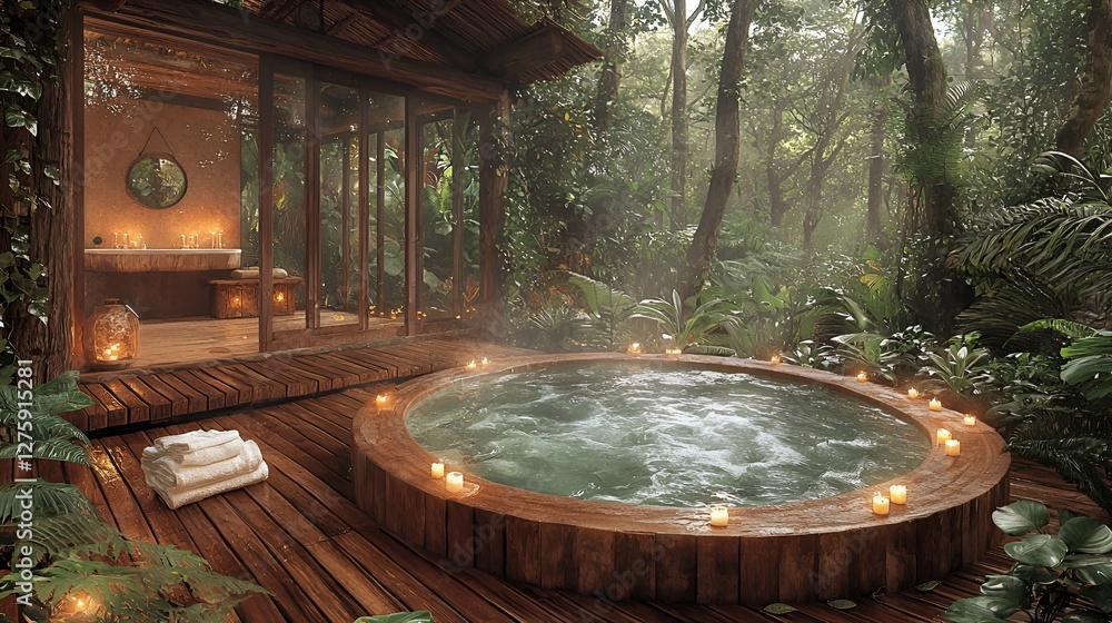 Wooden hot tub in a tropical forest cabin. Relaxing spa