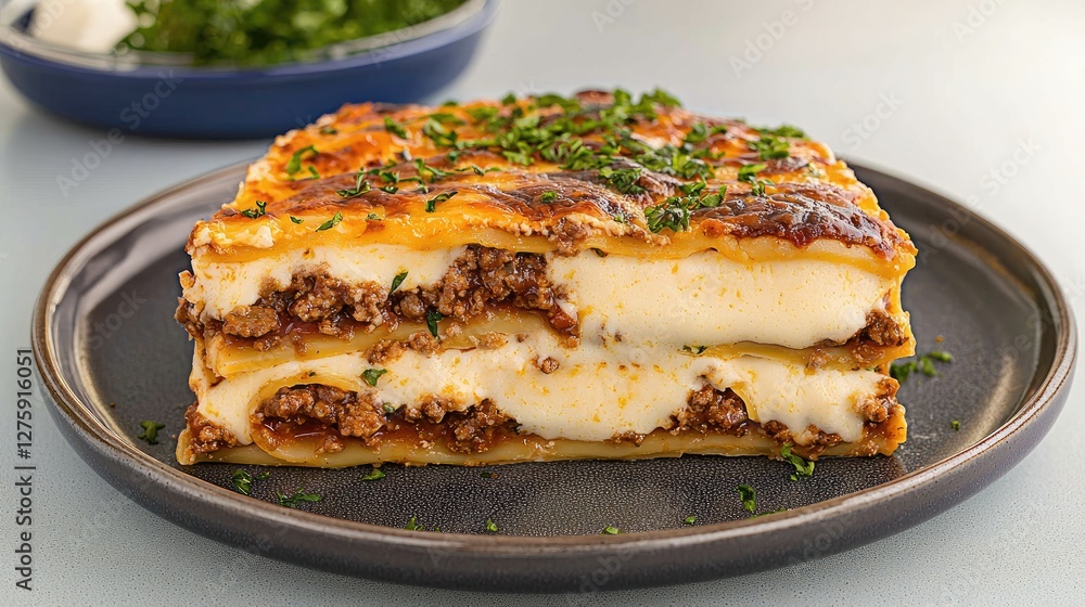Lasagna Slice, Close-up on Plate, Ready to Eat Lasagna Slice, Close-up on Plate, Ready to Eat