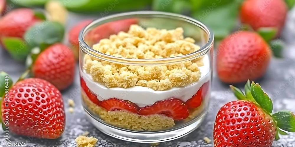 Strawberry dessert in a glass layered with crumble and cream surrounded by fresh strawberries and greenery. Strawberry dessert in a glass layered with crumble and cream surrounded by fresh strawberries and greenery.