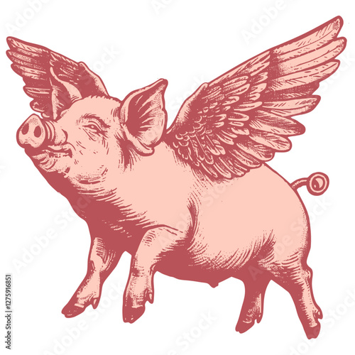 Vector illustration of a pig with wings, flying. Funny, whimsical design. Great for humorous projects, fantasy art, or when something impossible happens.